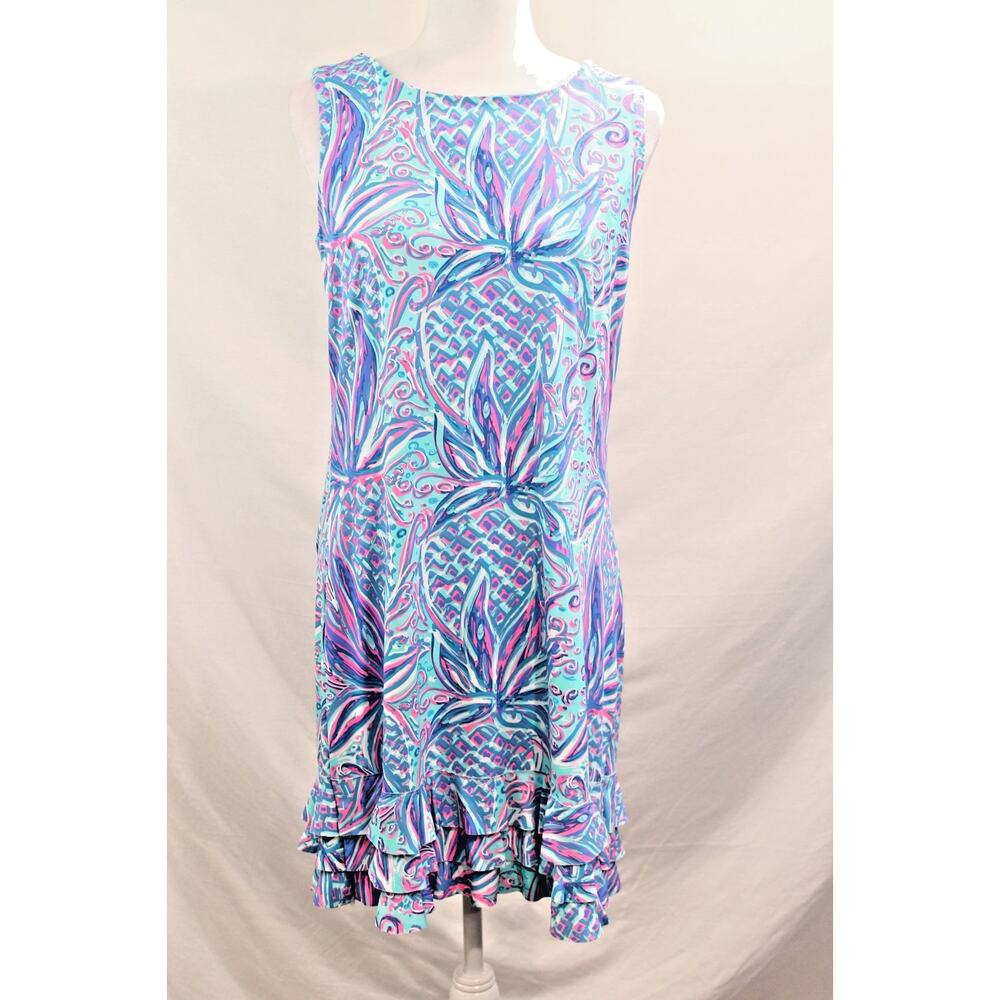 Anthony's Resort Wear Dress Womens size M Blue Tropical Ruffle Tiered Hem